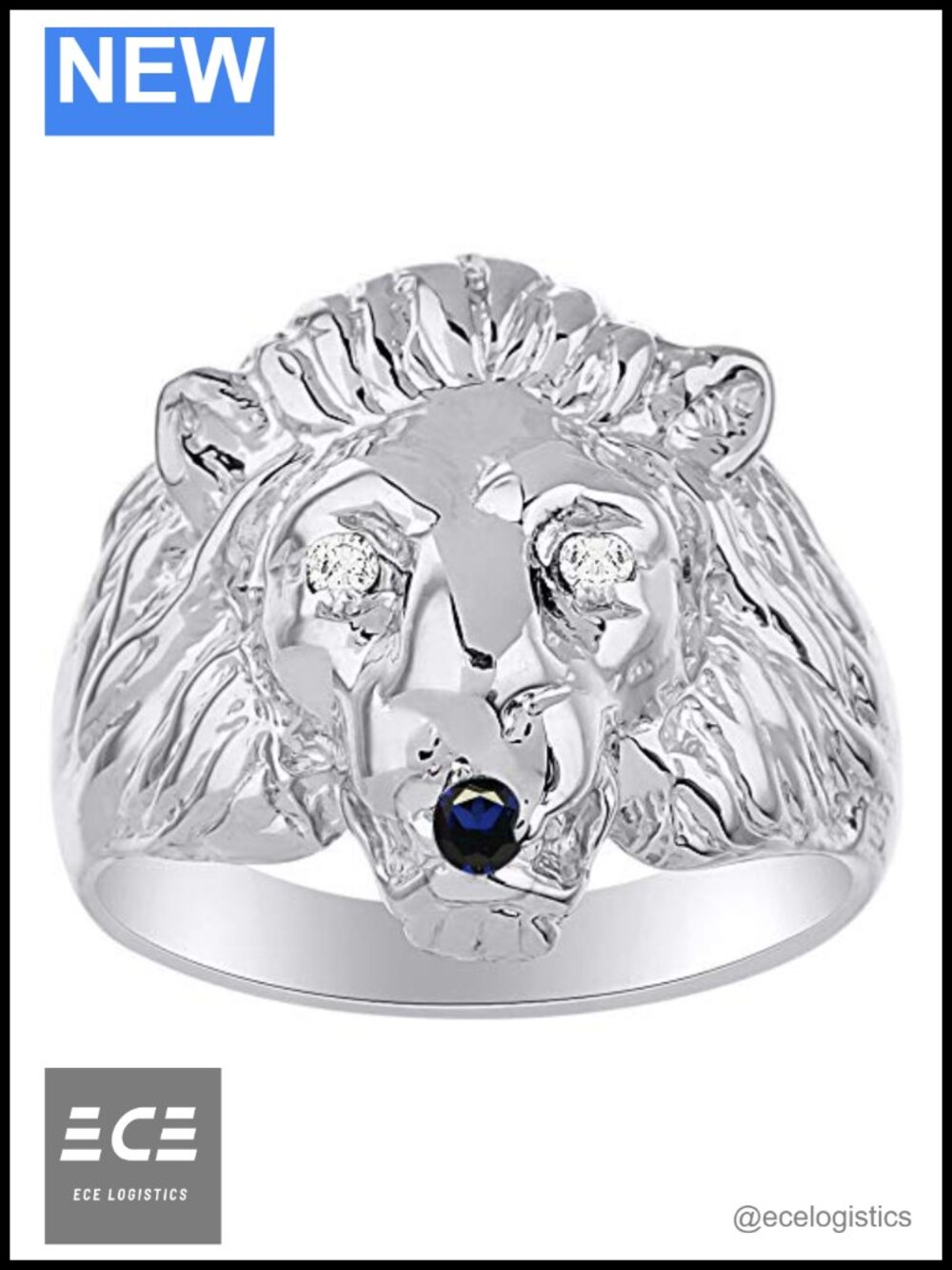 Rylos Sterling Silver Lion Head Ring with Color Stone Eyes Diamond Mouth